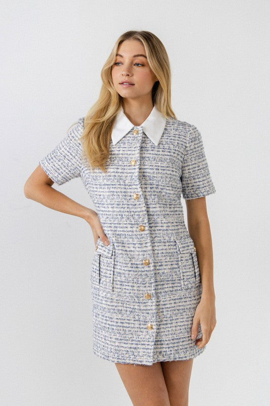 Elegant Blue Tweed Detailed Textured White Collar Dress Elegant Blue Tweed Detailed Textured White Collar Dress