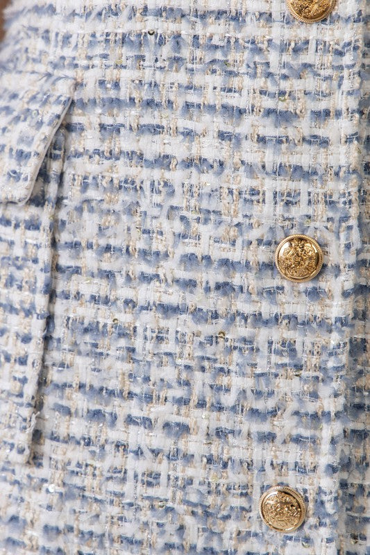 Elegant Blue Tweed Detailed Textured White Collar Dress