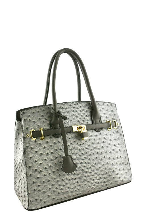 Elegant Ostrich Print Grey Padlock Top Handle Tote Bag