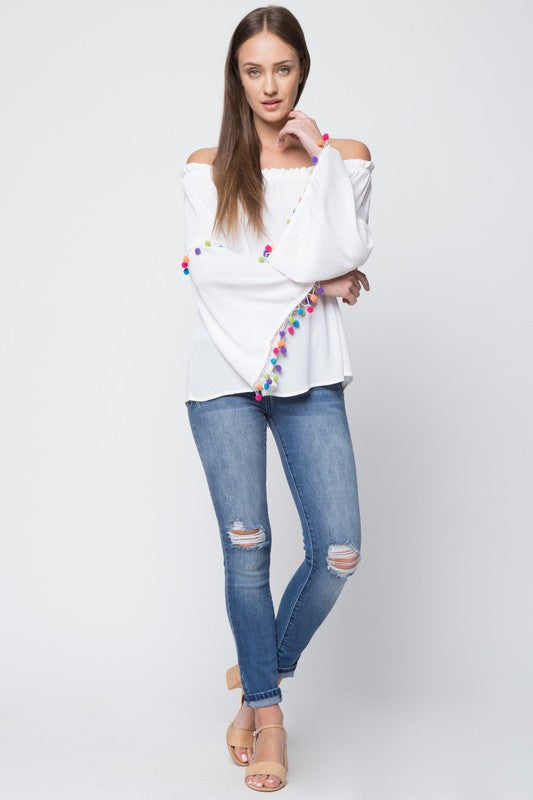Summer Pom Pom Trim Detail Off Shoulder White Top