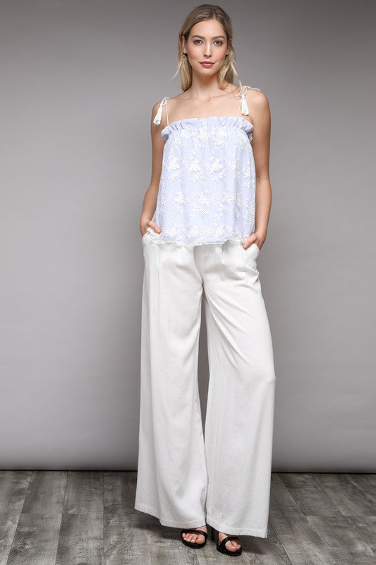 Elegant Marine Ruffle Texture Detailed Strap Tassel Blue Top