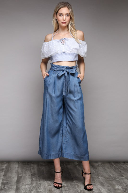 Elegant Marine Ruffle Texture Detailed Strap Blue Crop Top
