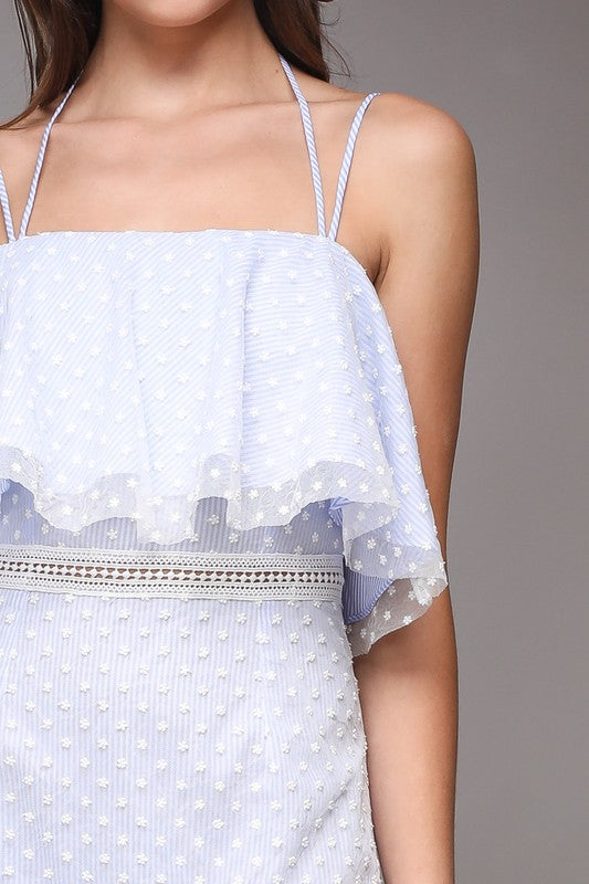 Elegant Marine Ruffle Lace Texture Detailed Strap Blue Dress