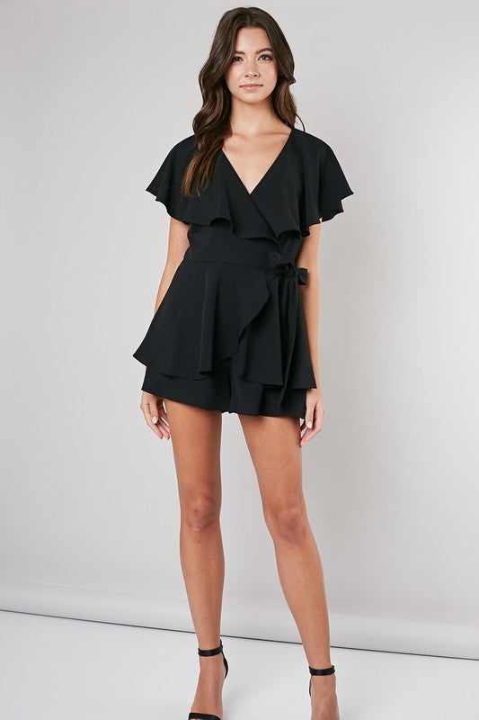 Fashion Black Wrap Ruffle Romper