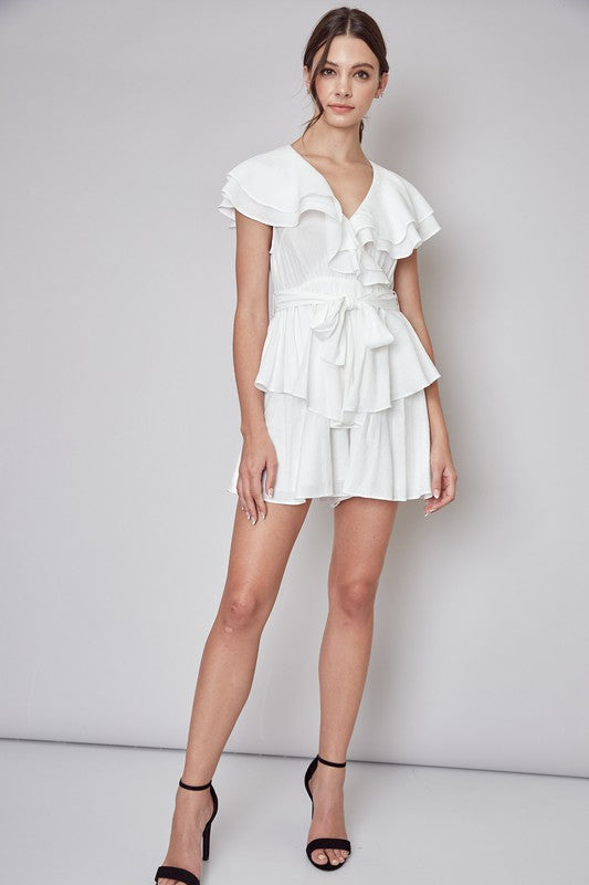 Fashion Summer White Wrap Tie-Up Ruffle Romper