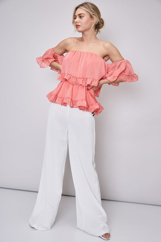 Elegant Off Shoulder Light Coral Textured Detailed Ruffle Top