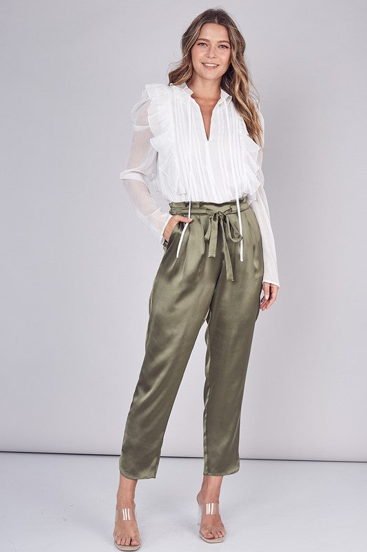 Elegant White Tie-Up Ruffle Pleated Detailed Long Sleeve Blouse