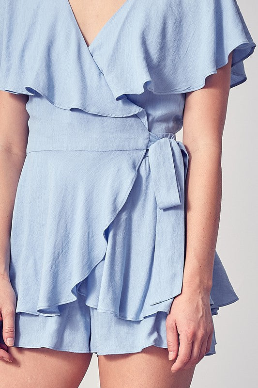Fashion Summer Periwinkle Wrap Tie-Up Ruffle Open Back Romper
