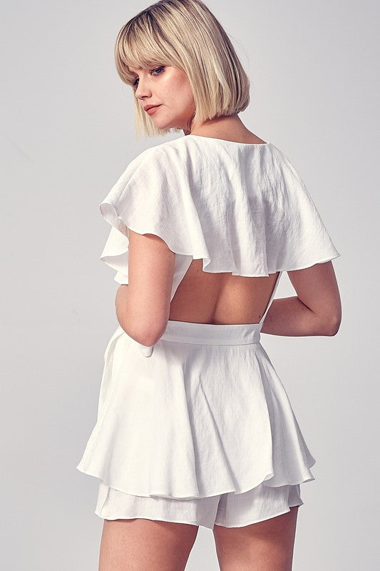 Fashion Summer Off White Wrap Tie-Up Ruffle Open Back Romper