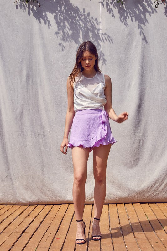 Fashion Summer Lavender Ruffle Side Tie-Up Skort