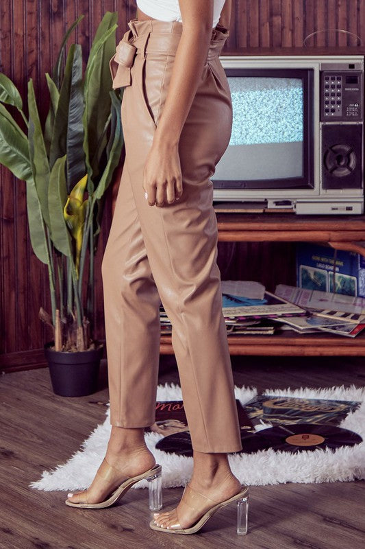 Elegant Latte Faux Leather High Waisted Tie-Up Pants