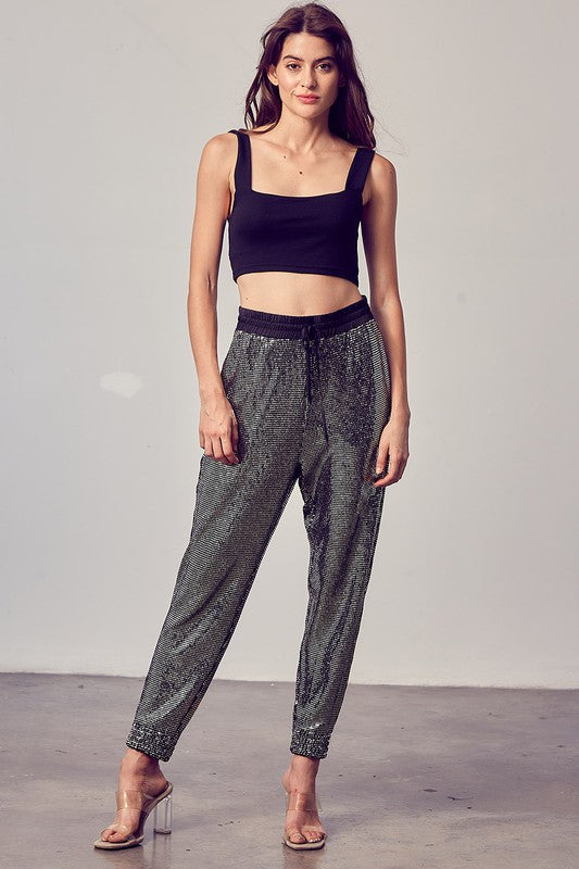 Elegant Black Silver Sequence Tie-Up Pants