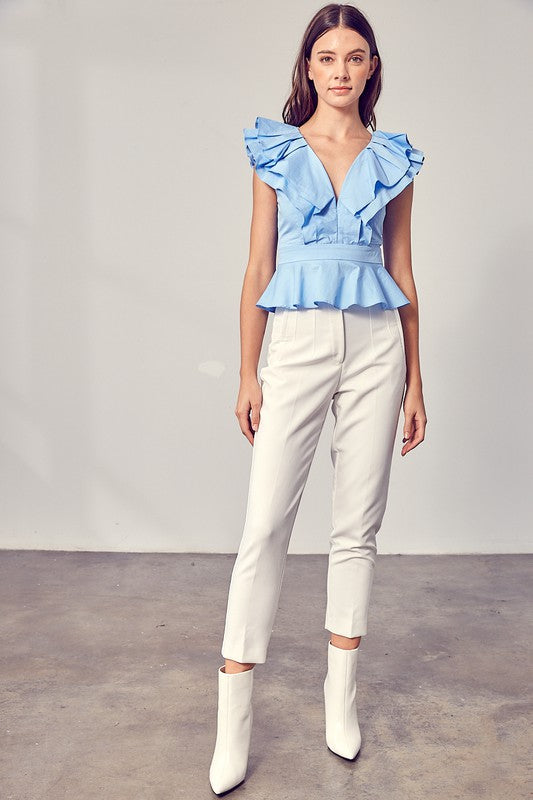 Elegant Chambray Ruffle V-Neck Peplum Top