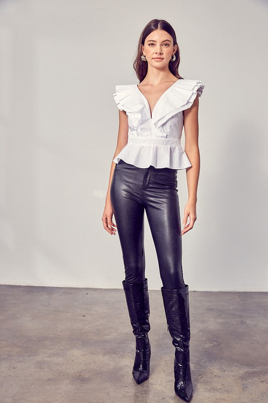 Elegant White Ruffle V-Neck Peplum Top