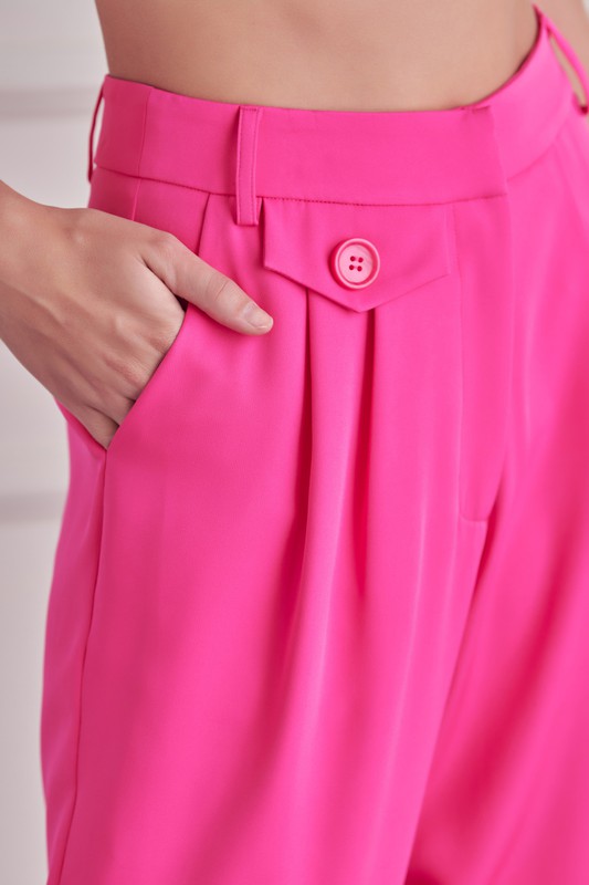 Elegant Bright Pink Front Detailed High Waisted Pants