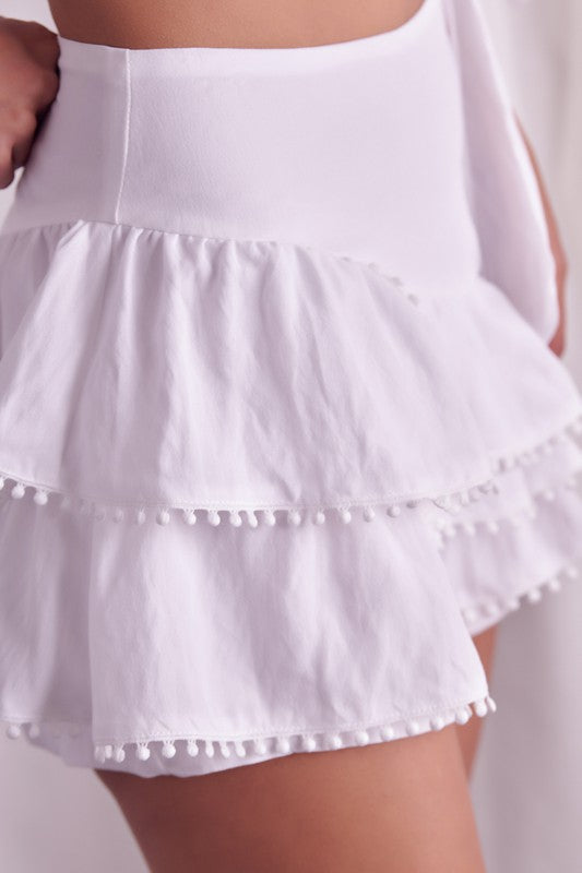 Fashion Summer White Ruffle Pom Pom Detailed High Waisted Skort
