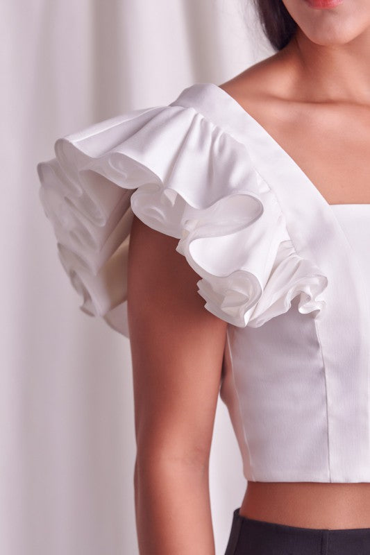 Fashion Off White Band Ruffle Sleeve Detailed Crop Top