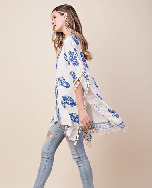 Casual Ivory Kimono with Blue Print Tassel