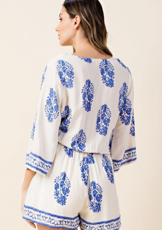 Casual V-Neck Ivory Romper with Blue Print Long Sleeve