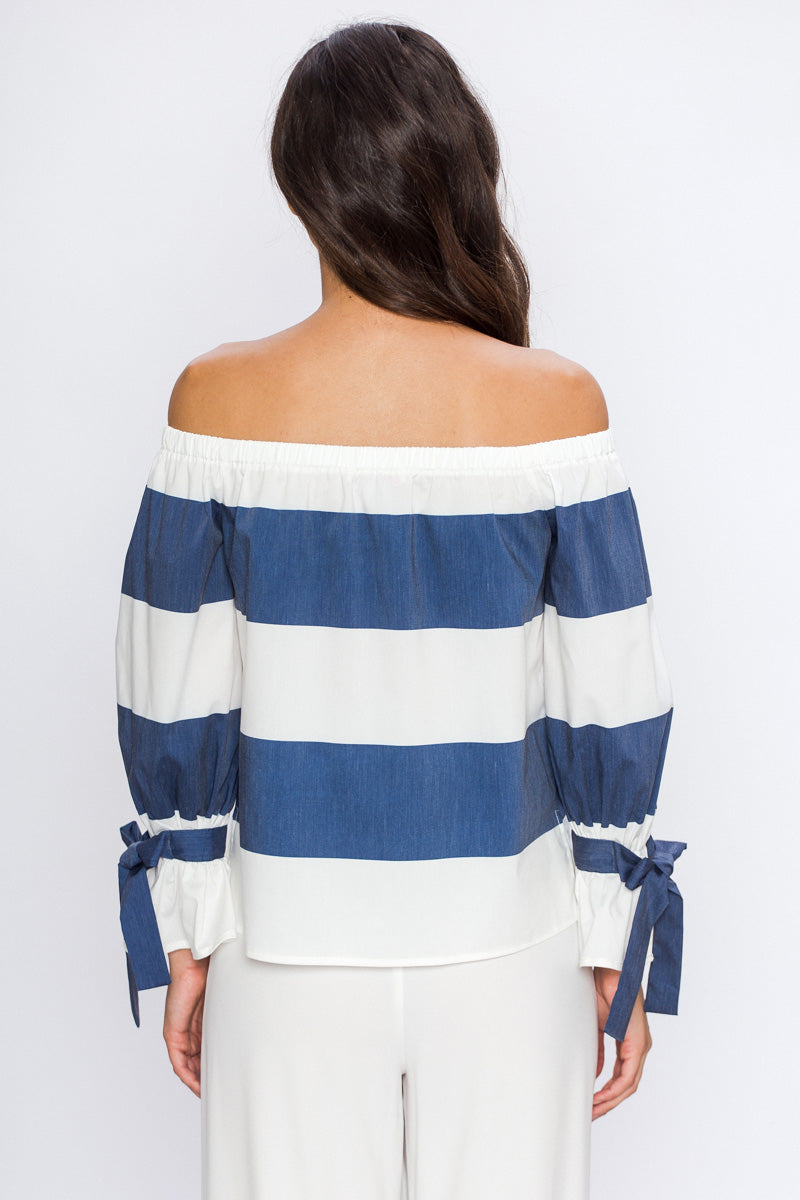 Elegant Navy Marine Off Shoulder Tie-Up Sleeve Top