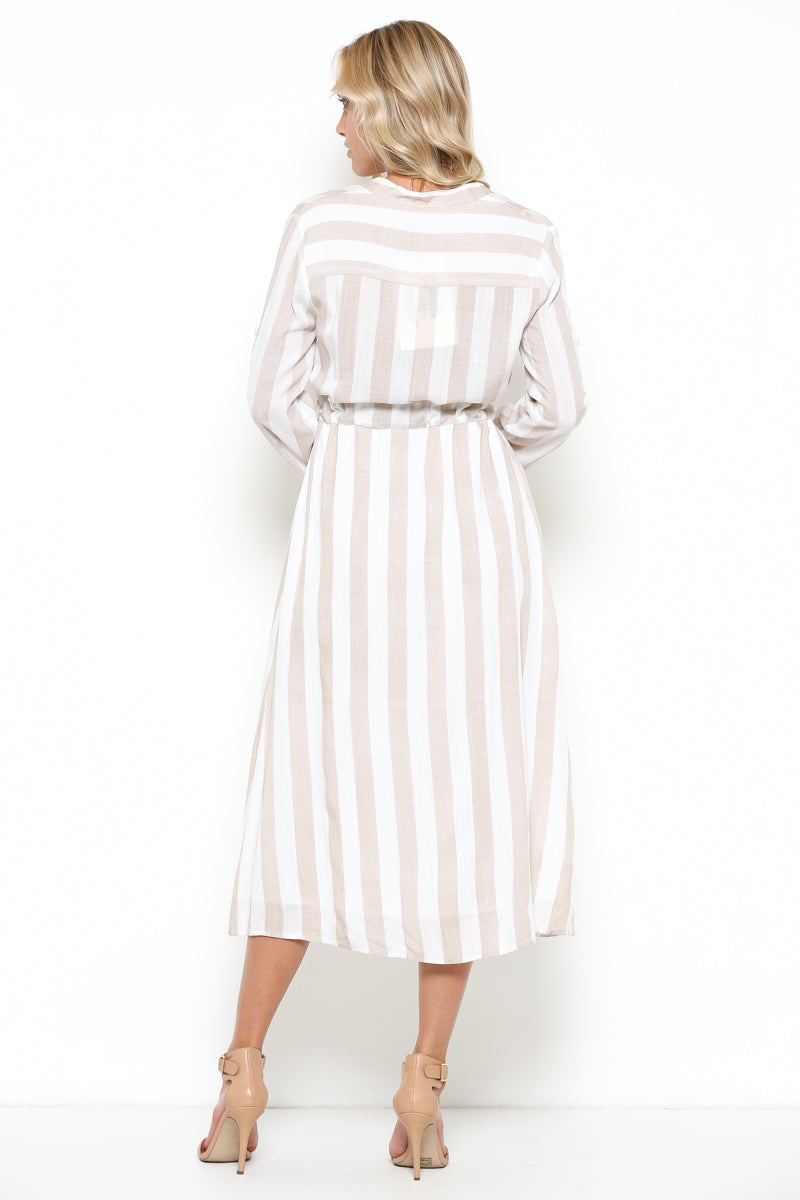 Elegant Beige Striped White Shirt Dress