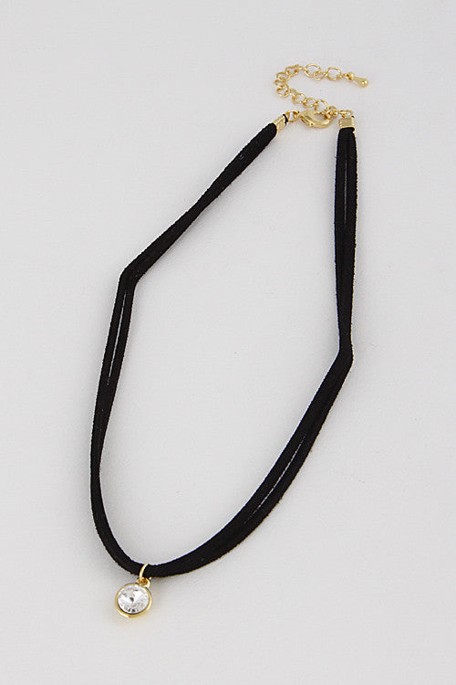 Fashion Two Black Lines Choker with Rhinestone Pendant