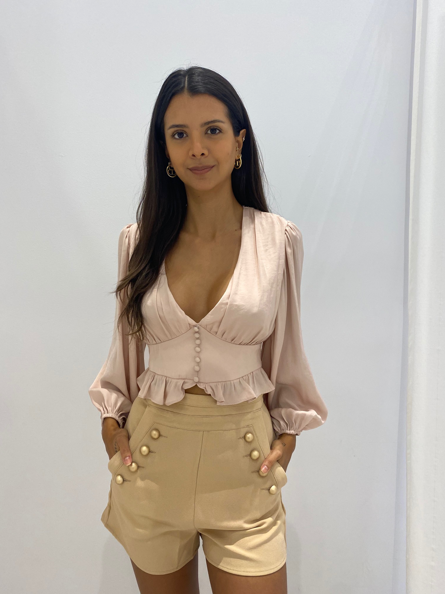 Fashion Beige High Waisted Button Detailed Shorts