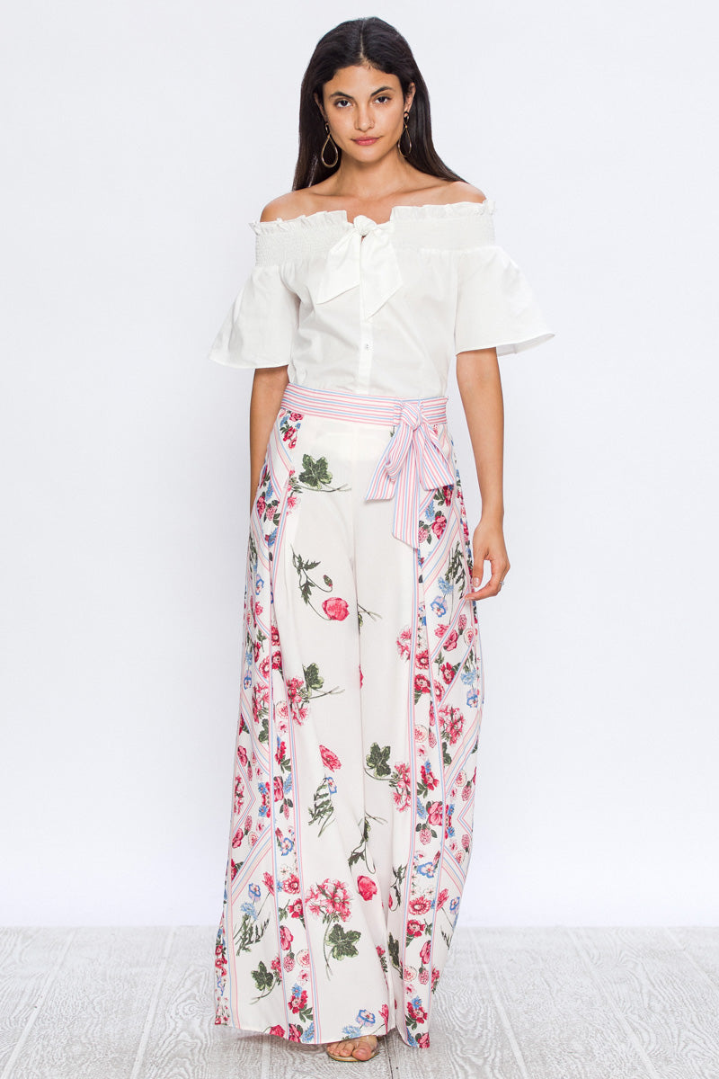 Fashion Multi-Color Floral Print Tie-Up Ecru Palazzo Pants