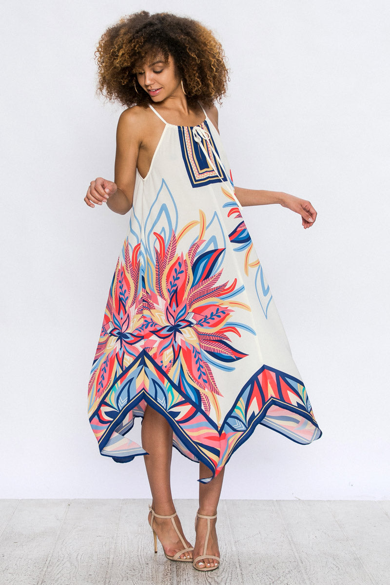 Fashion Halter Multi-Color Floral Print Elegant White Dress