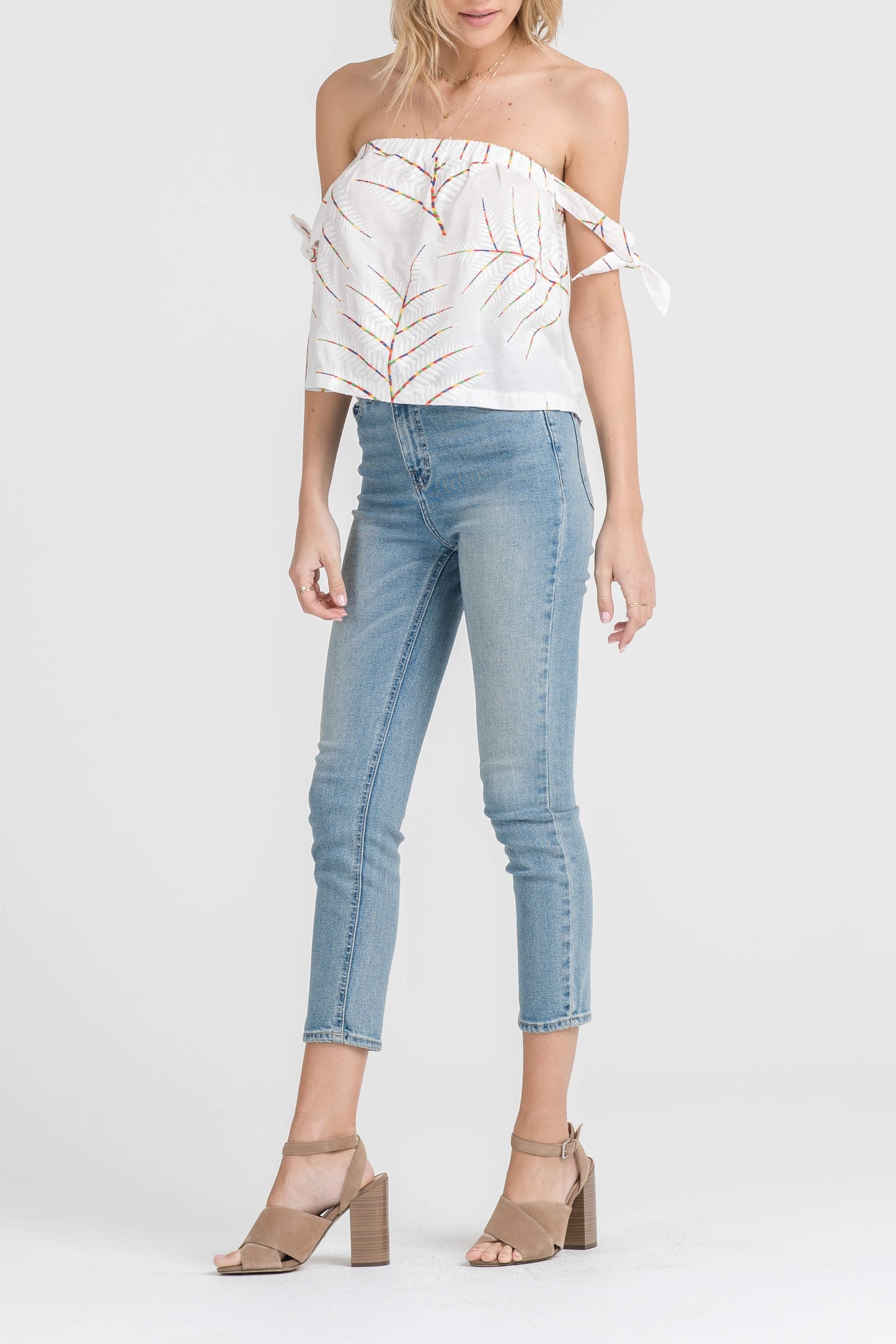 Fashion Off Shoulder Tie-Up Floral Embroidery White Top