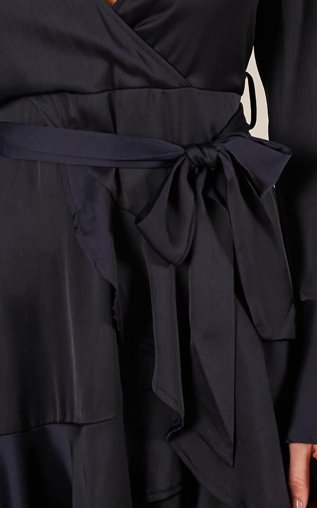 Elegant Black Satin Tie-Up Ruffle Dress with Bell Sleeve
