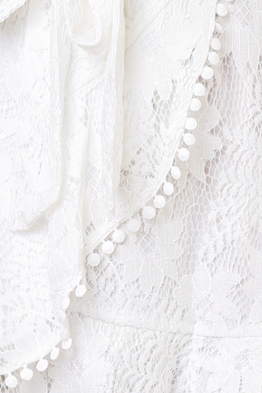 Elegant White Lace Pom Pom Detailed Wrap Tie-Up Dress with Long Sleeve