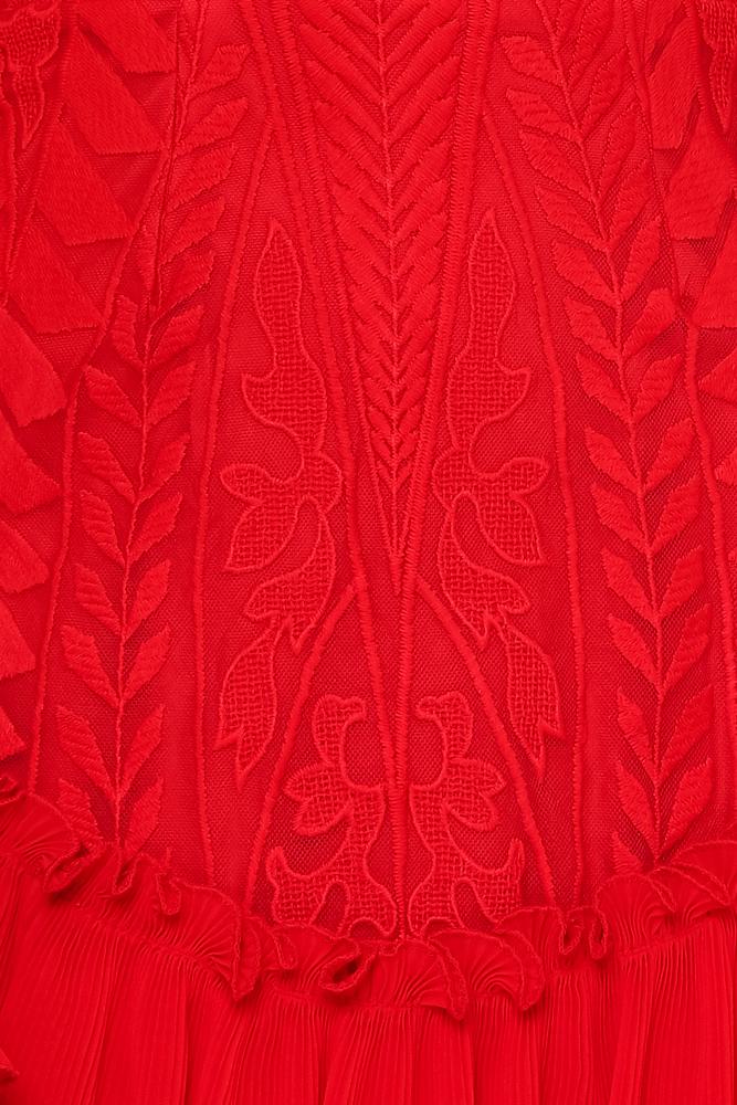 Elegant Red Floral Lace Ruffle Dress with Long Sleeve