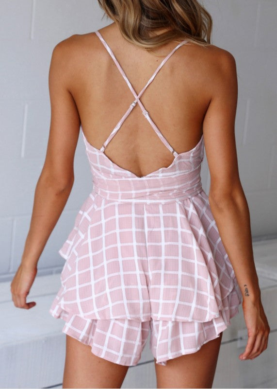 Fashion Strap Blush Checkered Ruffle Tie-Up Romper