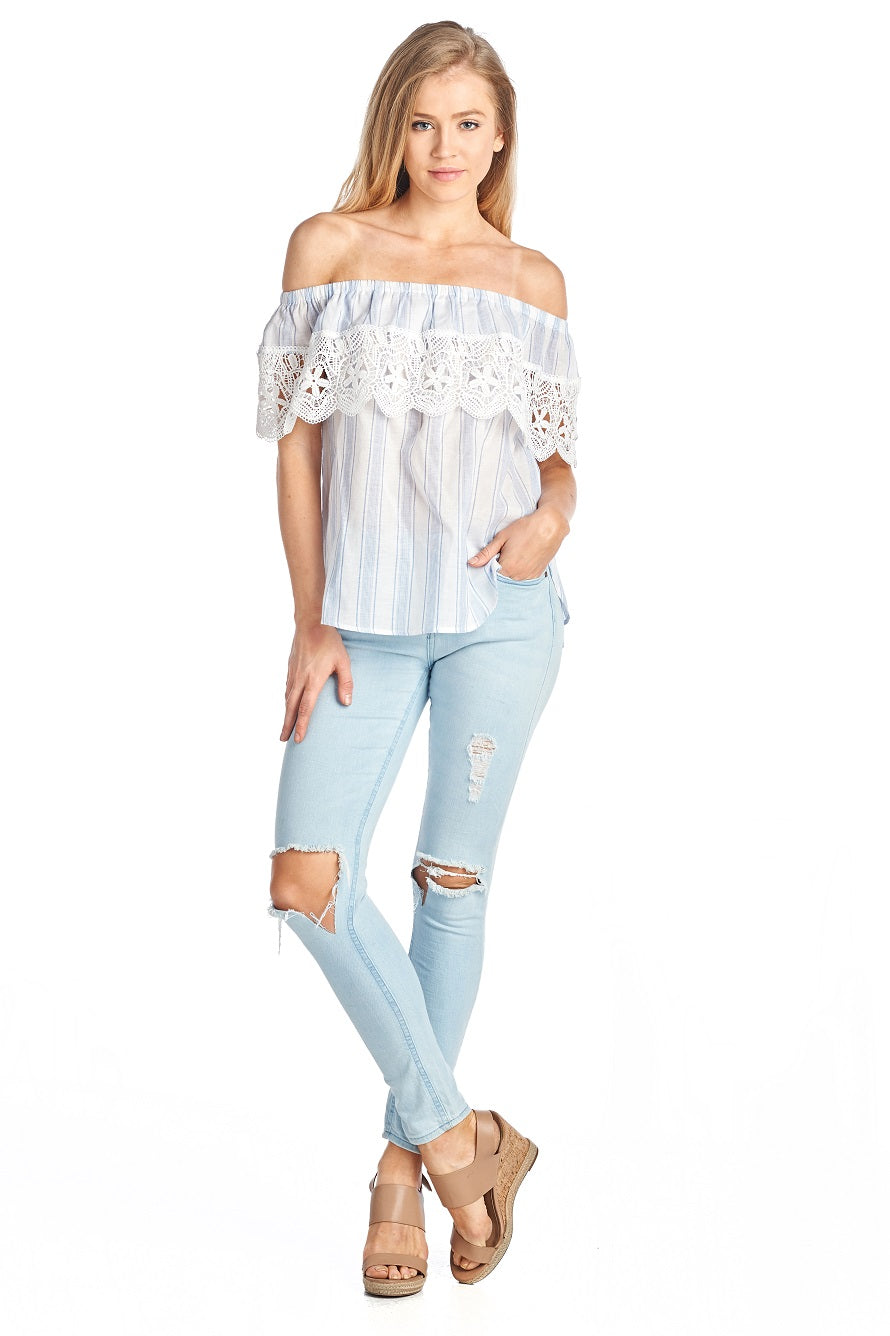 Fashion Off Shoulder Crochet Detailed Marine Top