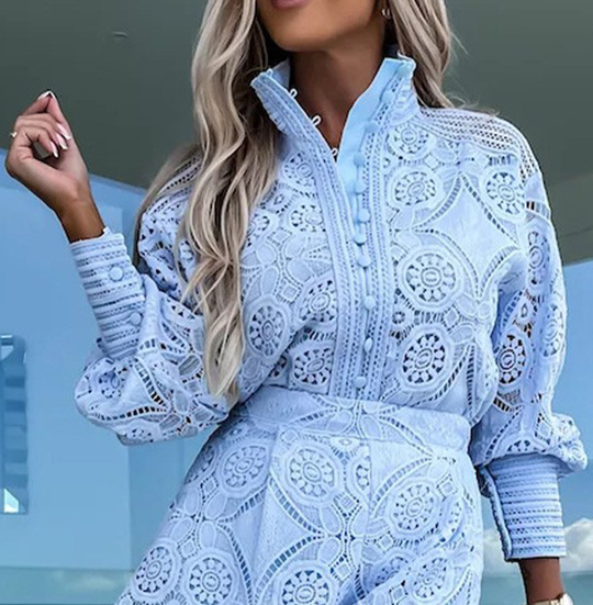 Fashion Blue Lace Crochet Button Down Blouse