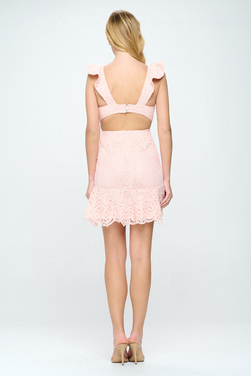 Fashion Baby Pink Lace Ruffle Round Neck Open Back Dress with Band Sleeve Detailed