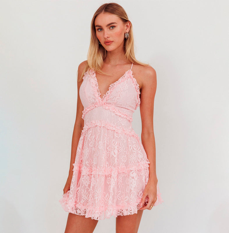 Fashion Strap Ruffle Pink Lace Detailed V-Neck Summer Dress