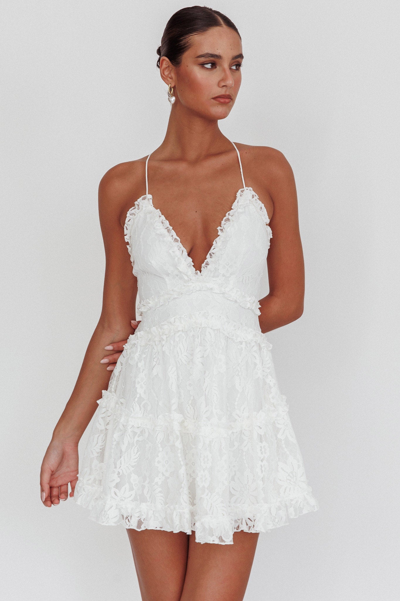 Fashion Strap Ruffle White Lace Detailed V-Neck Summer Dress