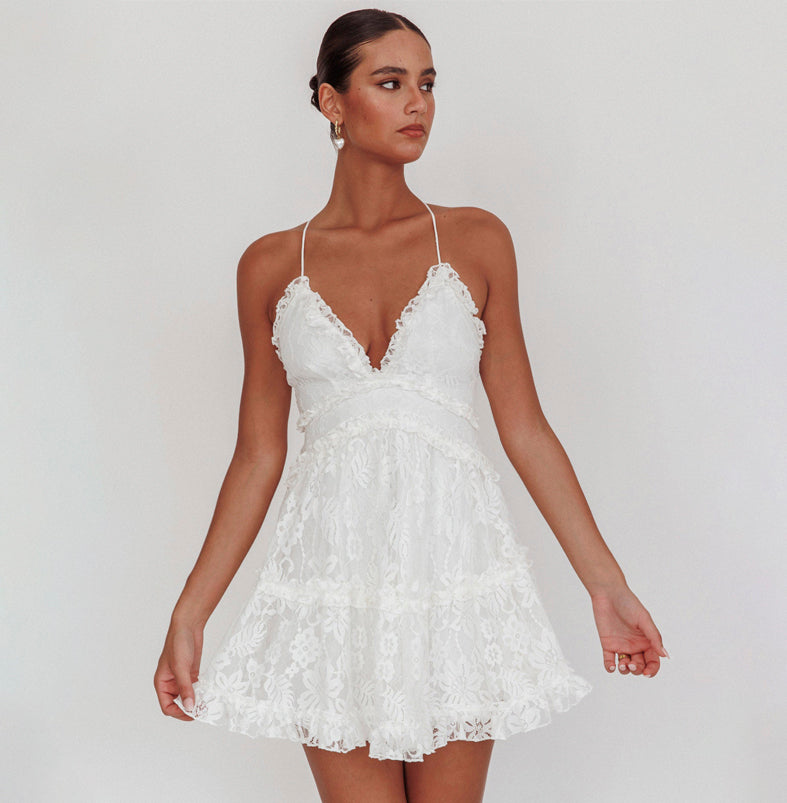 Fashion Strap Ruffle White Lace Detailed V-Neck Summer Dress