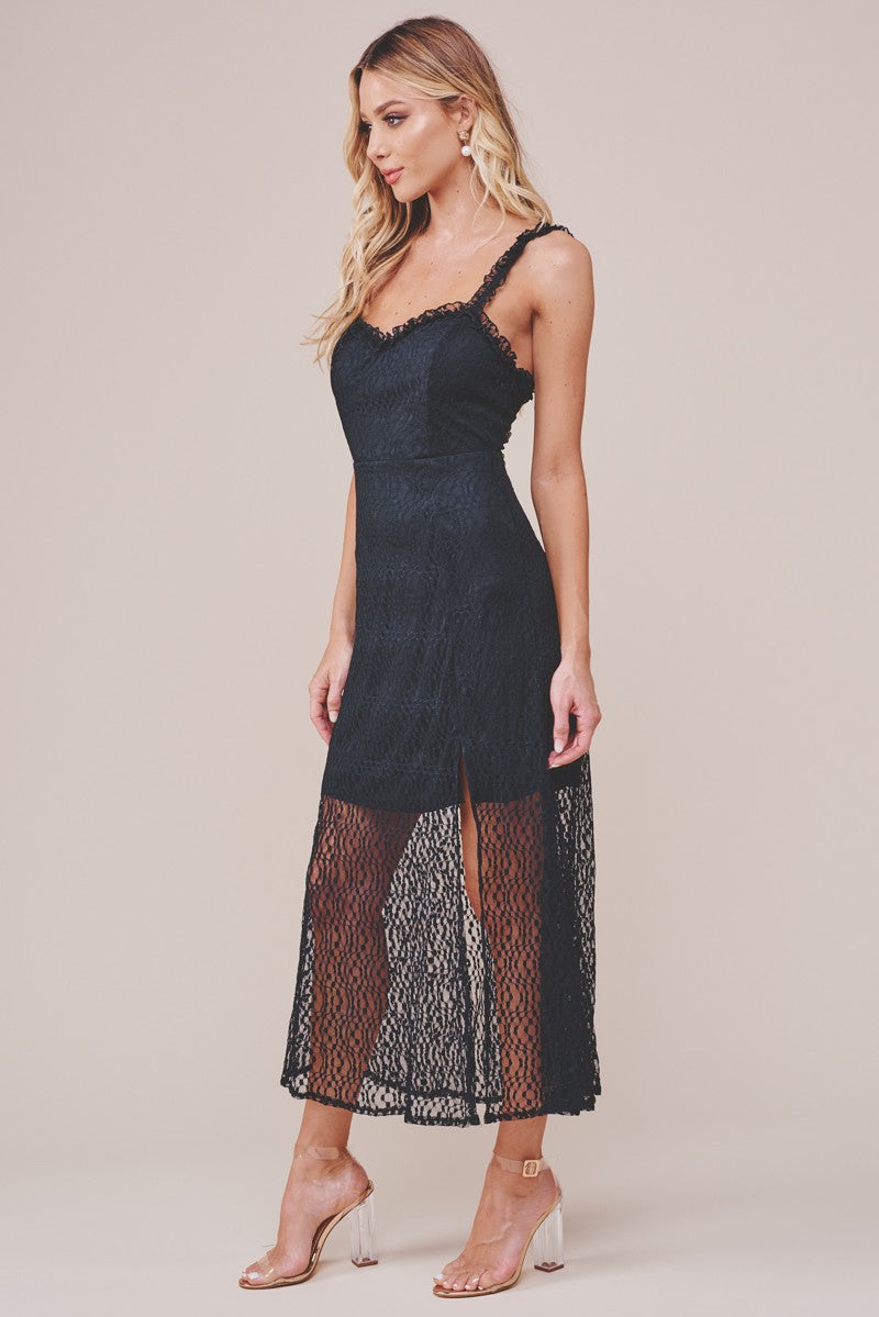 Fashion Strap Black Lace Detailed Midi Dress