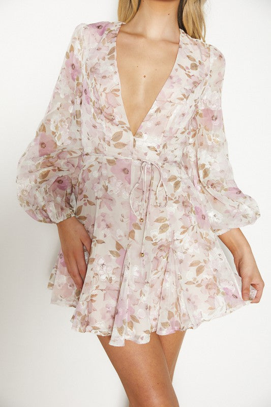 Fashion Rose Floral Print Embroidery Ruffle Tie-Up Dress with Bell Sleeve