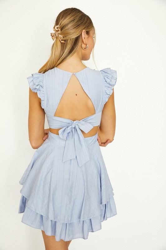 Elegant Blue Lace Ruffle Open Back Tie-Up Dress with Band Sleeve Detailed