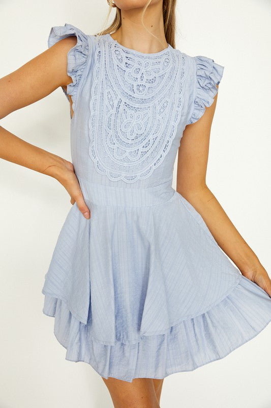 Elegant Blue Lace Ruffle Open Back Tie-Up Dress with Band Sleeve Detailed