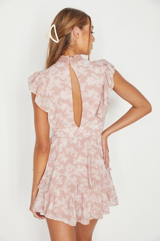 Lace Ruffled Romper Elegant Blush White Lace Ruffle Tie-Up Romper with Band Sleeve Detaile ...