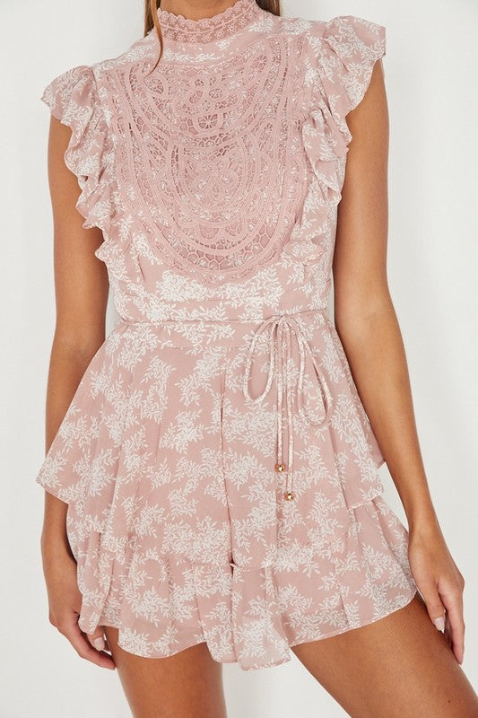 Elegant Blush White Lace Ruffle Tie-Up Romper with Band Sleeve Detailed
