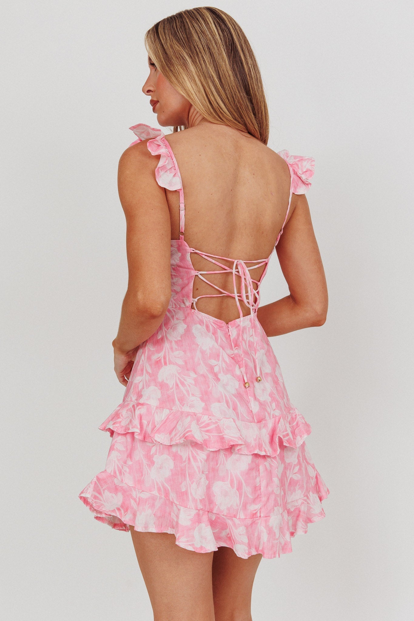 Fashion Pink Floral Print Band Detailed Ruffle Back Tie-Up Dress