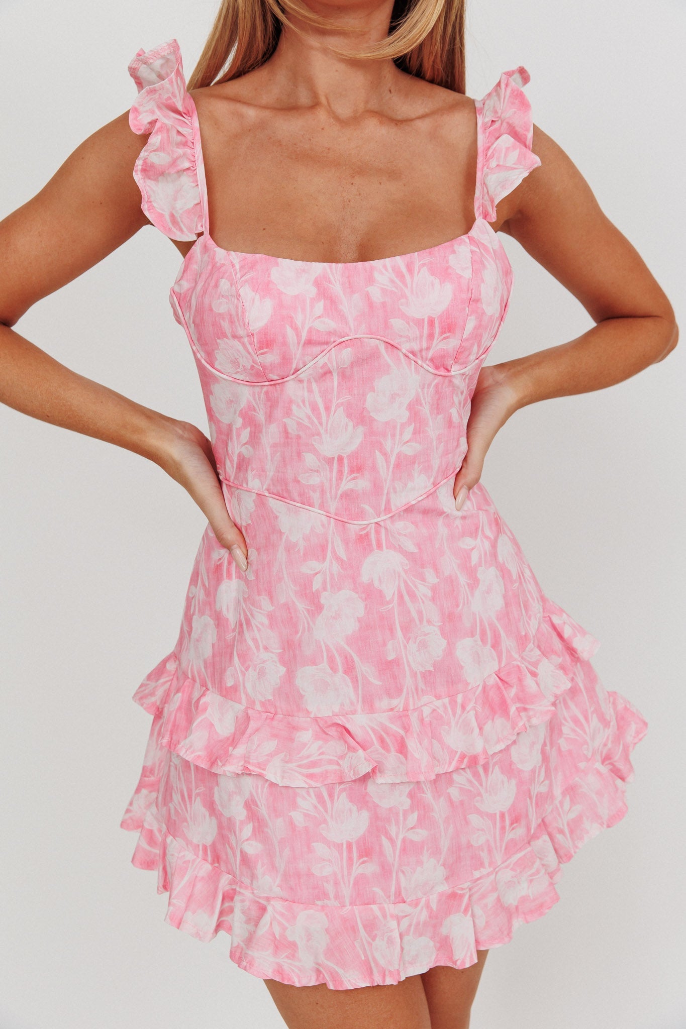 Fashion Pink Floral Print Band Detailed Ruffle Back Tie-Up Dress