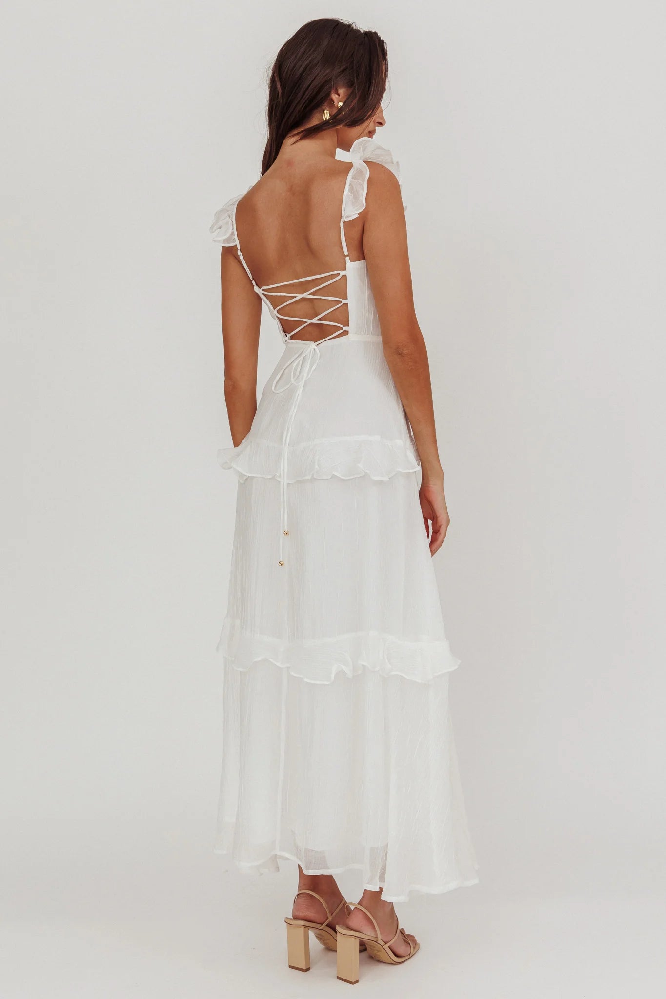Elegant White Band Detailed Ruffle Back Tie-Up Maxi Dress