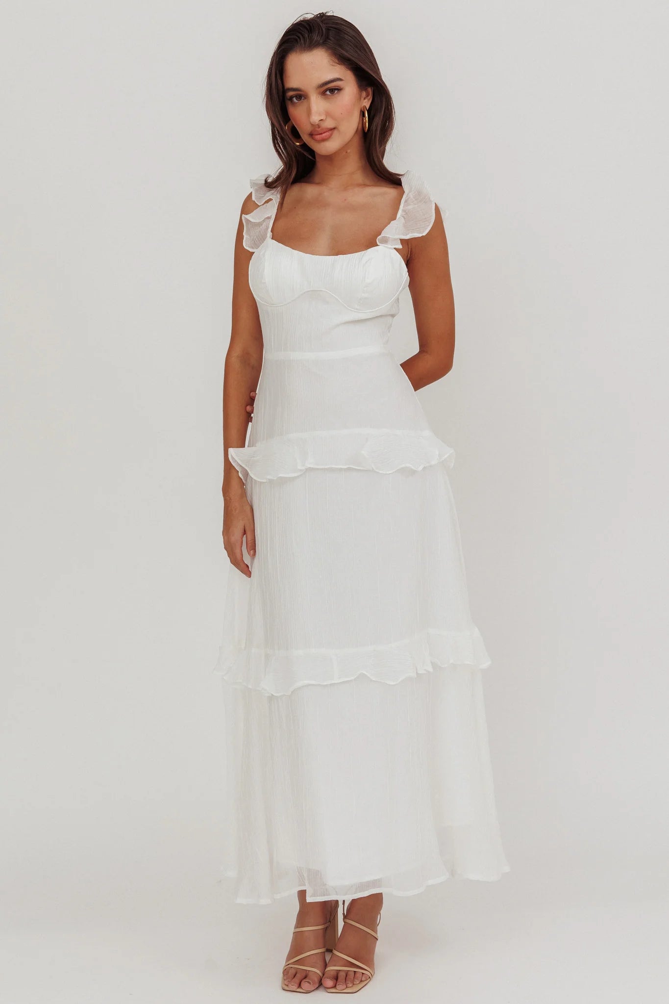 Elegant White Band Detailed Ruffle Back Tie-Up Maxi Dress